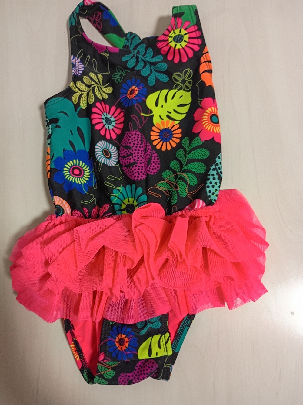 Cat & Jack Neon Floral Tutu One-Piece Swimsuit - Black & Hot Pink Size 2T